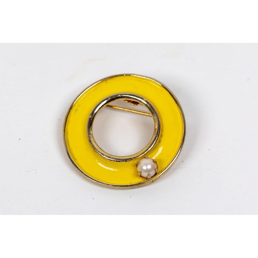 Vintage JJ Jonette Jewelry Mod Yellow Enamel Circle Brooch with Faux Pearl 1960s